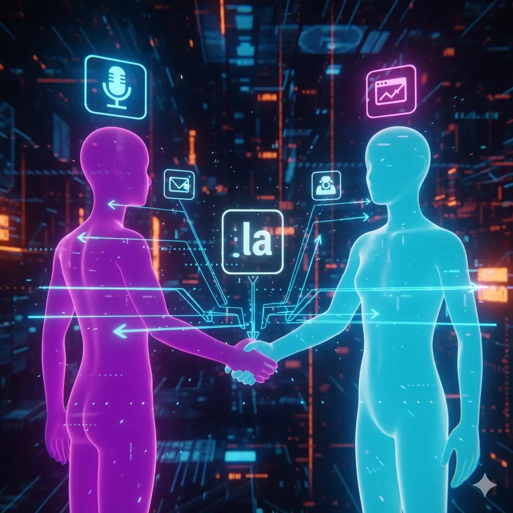 Imagen con dos avatares o siluetas de personas dándose la mano, ye imágenes de logos representando micrófono, blog, y red social. 