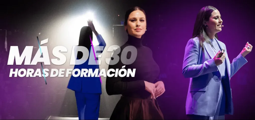 Imágenes de Ana Ivars, creadora del evento NEFTT 2026 en Madrid. Experta en marketing y negocios digitales. Está dando ponencias en sus eventos anuales.Texto en la imagen "más de 30 horas de formación"