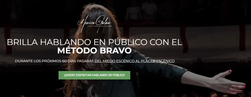 IMAGEN MÓNICA GALÁN DE ESPALDAS CON TEXTO: Brilla hablando en público con el método BRAVO