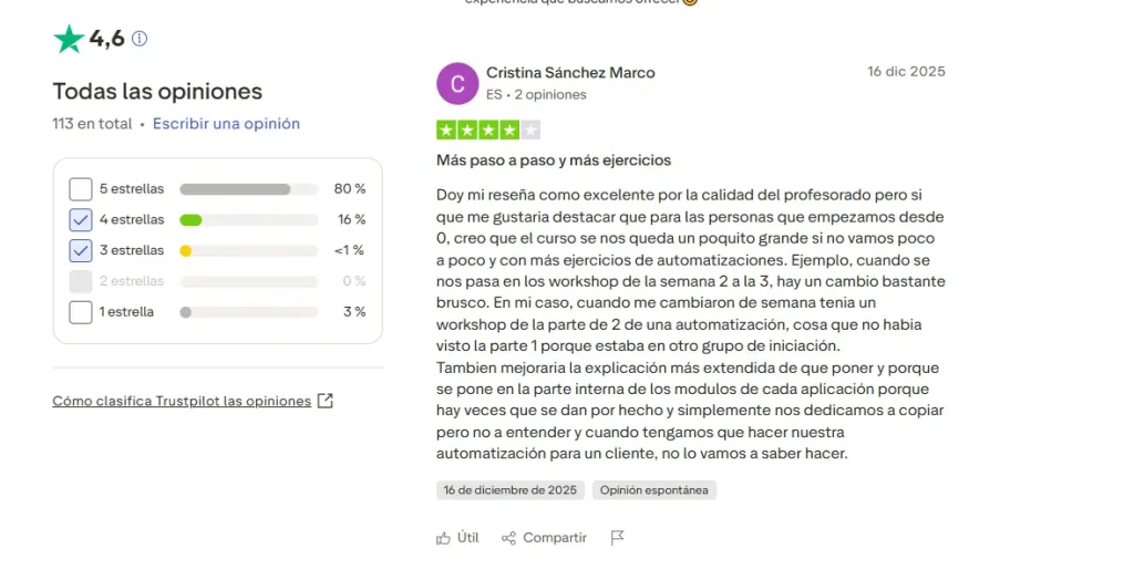 Reseña en Trustpilot sobre Revolutia IA Pro que valora el profesorado y pide más paso a paso