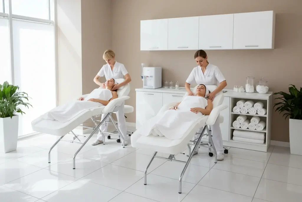 Centro de estética realizando tratamientos de belleza y cuidado facial Centro de estética con profesionales atendiendo a clientas en camillas de tratamiento facial