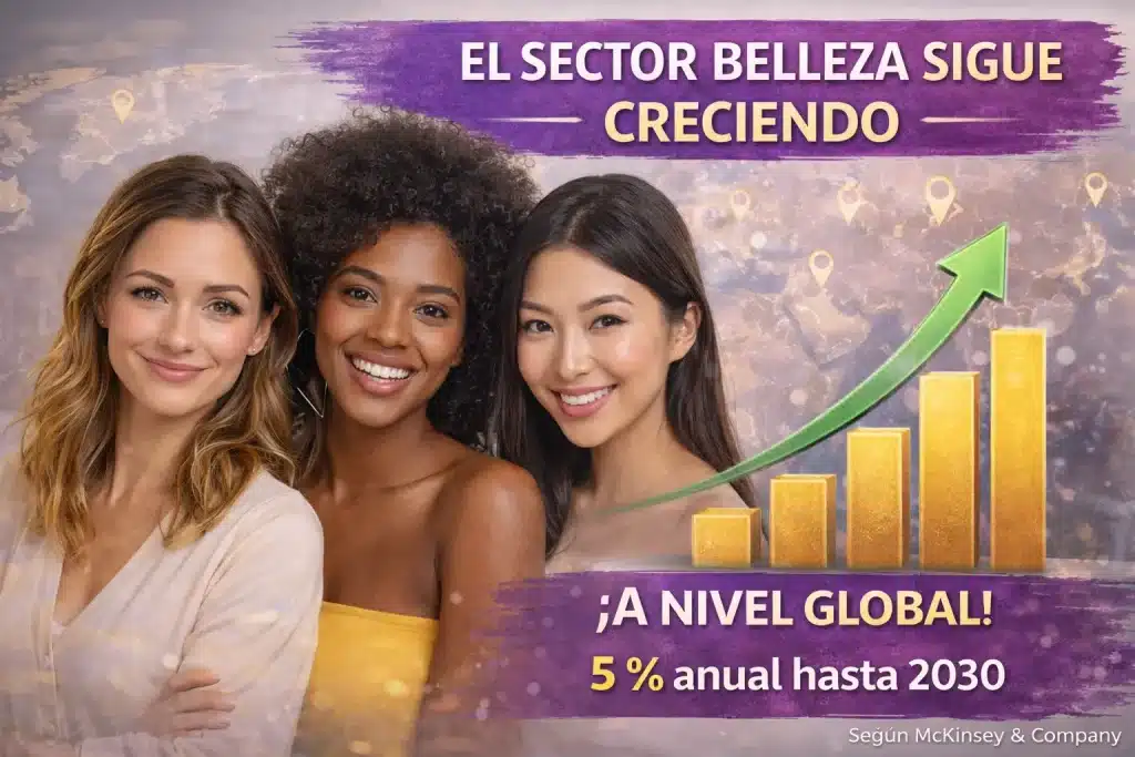 Crecimiento global del sector belleza 5 por ciento anual hasta 2030 con gráfico ascendente y mapa mundial