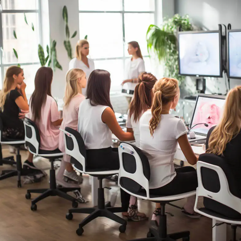 Alumnas en ordenadores aprendiendo nuevas técnicas de estética. Academia online de estética con alumnas aprendiente nuevas técnicas.