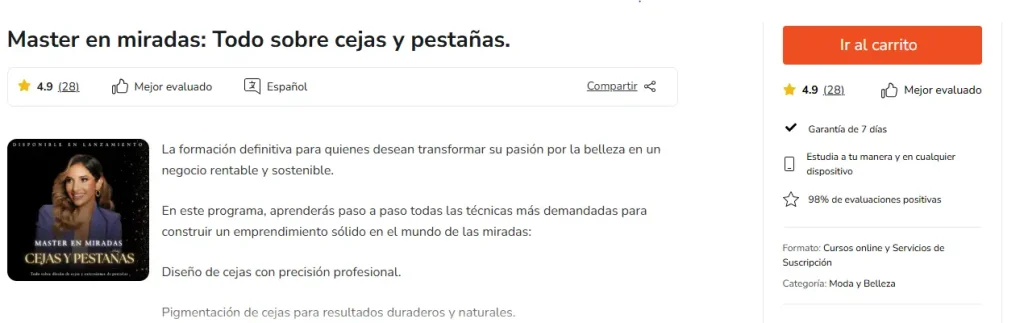 Valoración 4.9 sobre 5 en Hotmart del curso Máster en Miradas con 28 evaluaciones.