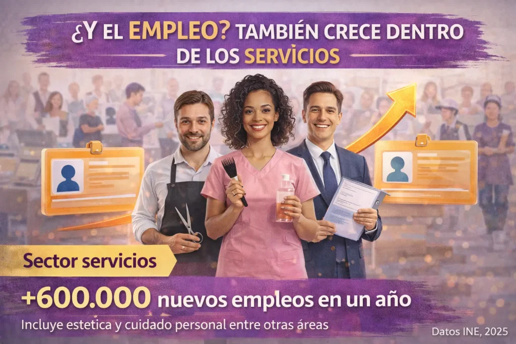 El sector servicios —donde se incluye la estética— fue el que más empleo generó en España en el último año según el INE. Crecimiento empleo sector servicios España INE 2025 más de 600000 nuevos ocupados