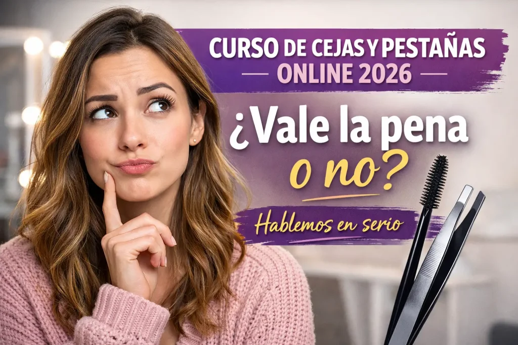 Antes de invertir: hablemos claro Mujer dudando si hacer un curso de cejas y pestañas online en 2026 con pinzas y cepillo de pestañas