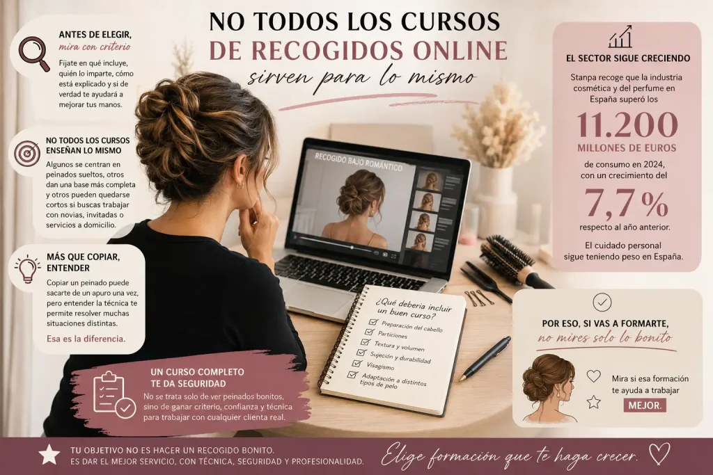 Cómo elegir un curso de recogidos online con criterio Profesional de peluquería viendo un curso de recogidos online y revisando qué debe incluir una buena formación antes de comprar.