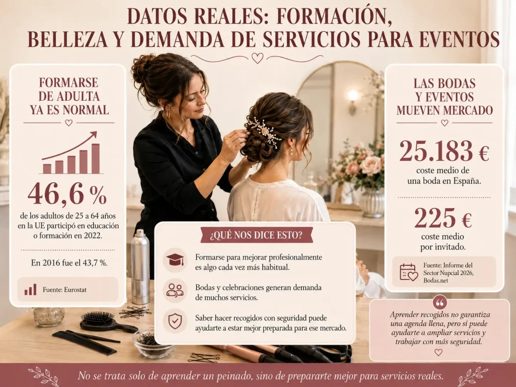Datos reales sobre formación, belleza y demanda de servicios para eventos Infografía sobre formación en belleza y demanda de servicios para bodas y eventos, con datos de Eurostat y Bodas.net, junto a una profesional realizando un recogido de novia.