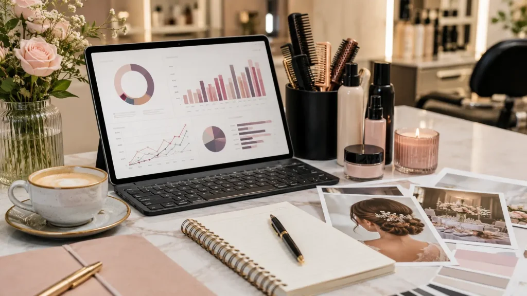 Datos del sector belleza y servicios de recogidos Mesa de trabajo con gráficos del sector belleza, fotos de recogidos de novia, productos de peluquería y material de planificación