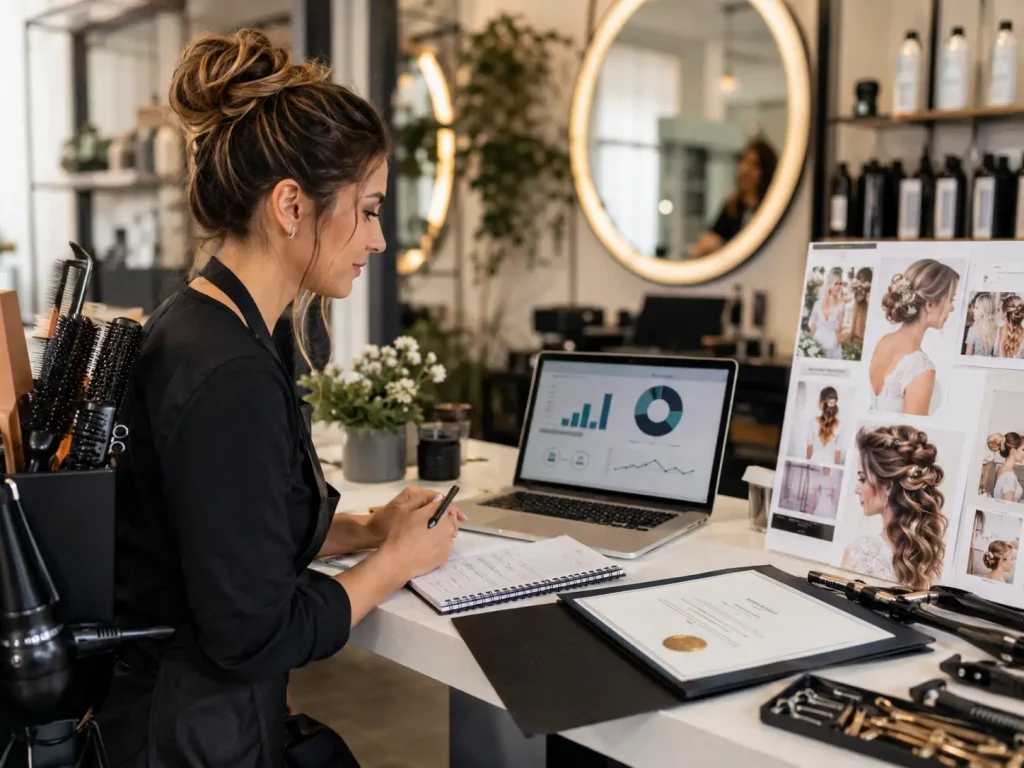 Formación y empleo en peluquería profesional Peluquera revisando datos de formación y empleo en un salón junto a herramientas de peluquería y referencias de recogidos de novia