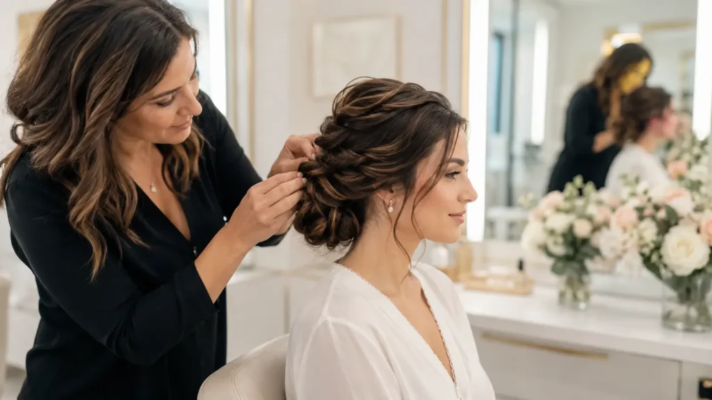 Peluquera realizando un recogido de fiesta a una clienta Peluquera trabajando un recogido de fiesta elegante en una clienta dentro de un salón de belleza