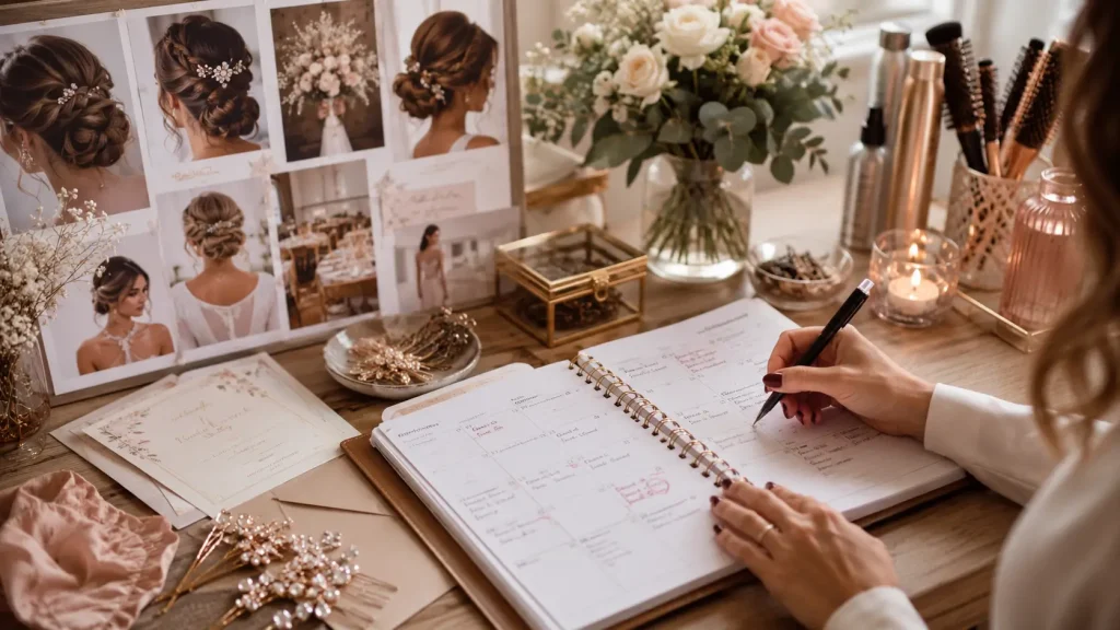 Planificación de recogidos de fiesta y novia Mesa de trabajo con inspiración de recogidos de fiesta, agenda de eventos, flores y accesorios de novia