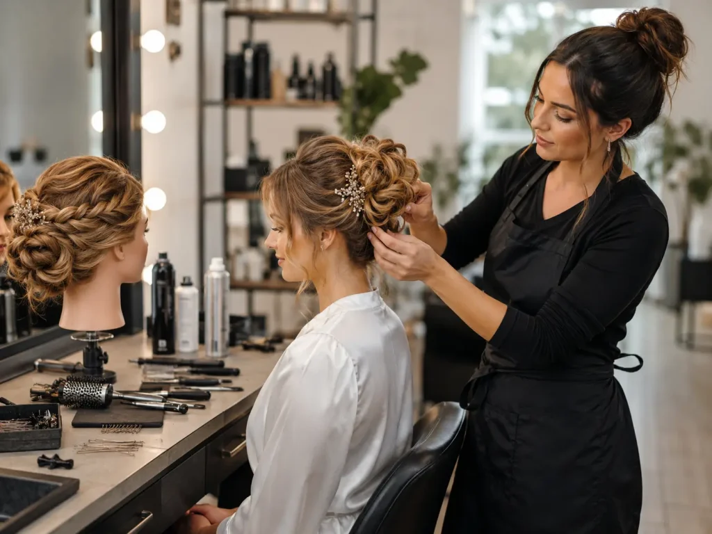 Práctica real de recogidos con maniquí y modelo Peluquera practicando un recogido de fiesta en una modelo real junto a una cabeza de maniquí en un salón de belleza