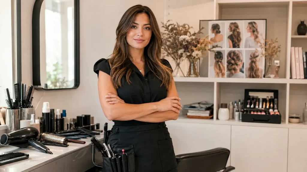 Profesional de peluquería especializada en recogidos Peluquera profesional en un salón de belleza con herramientas de trabajo y ejemplos de recogidos al fondo