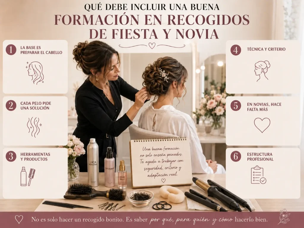 Qué debe incluir una buena formación en recogidos de fiesta y novia Estilista realizando un recogido de novia con una infografía visual sobre los puntos clave de una buena formación en recogidos de fiesta y novia.