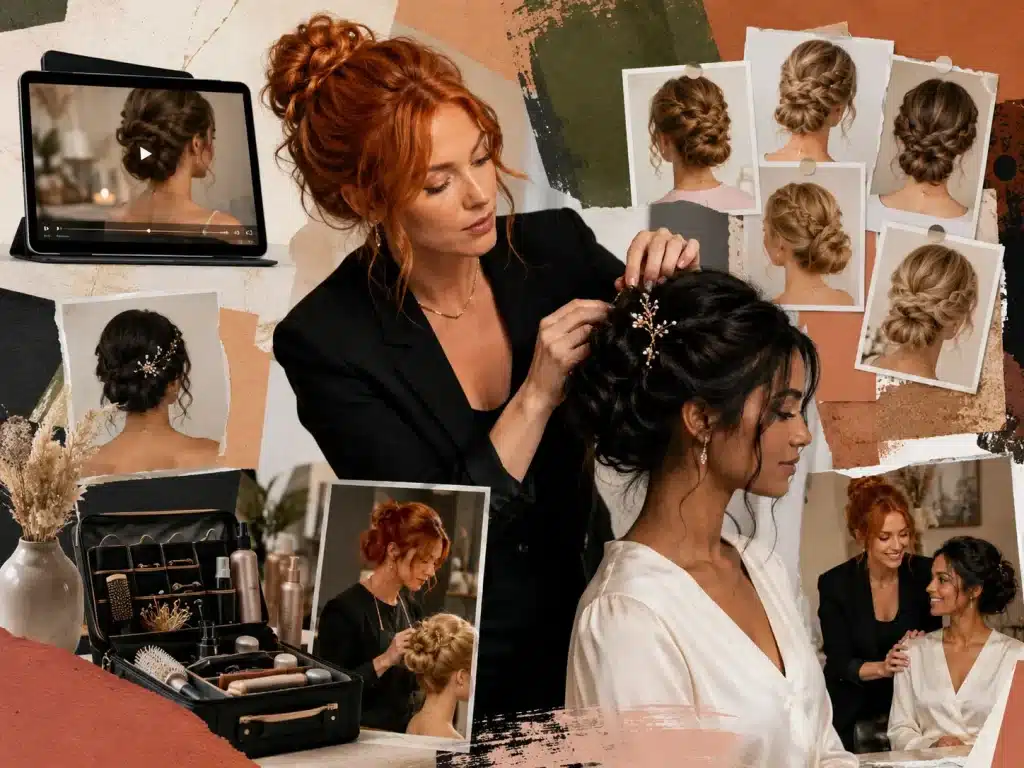 Señales de que un curso de recogidos puede merecer la pena Estilista profesional trabajando un recogido elegante en una clienta, rodeada de referencias visuales de peinados, herramientas de peluquería y escenas de asesoramiento.