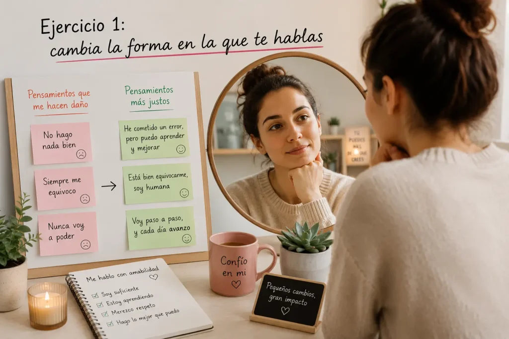 Mujer cambiando pensamientos negativos por frases más justas para mejorar su autoestima
