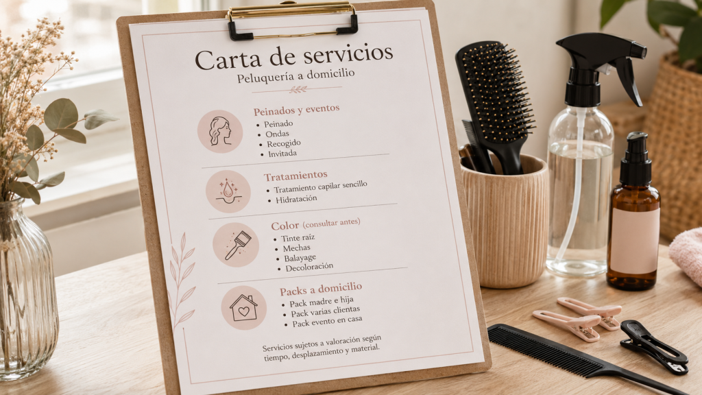 Carta de servicios de peluquería a domicilio Carta de servicios de peluquería a domicilio con peinados, tratamientos, color y packs, junto a herramientas de peluquería.