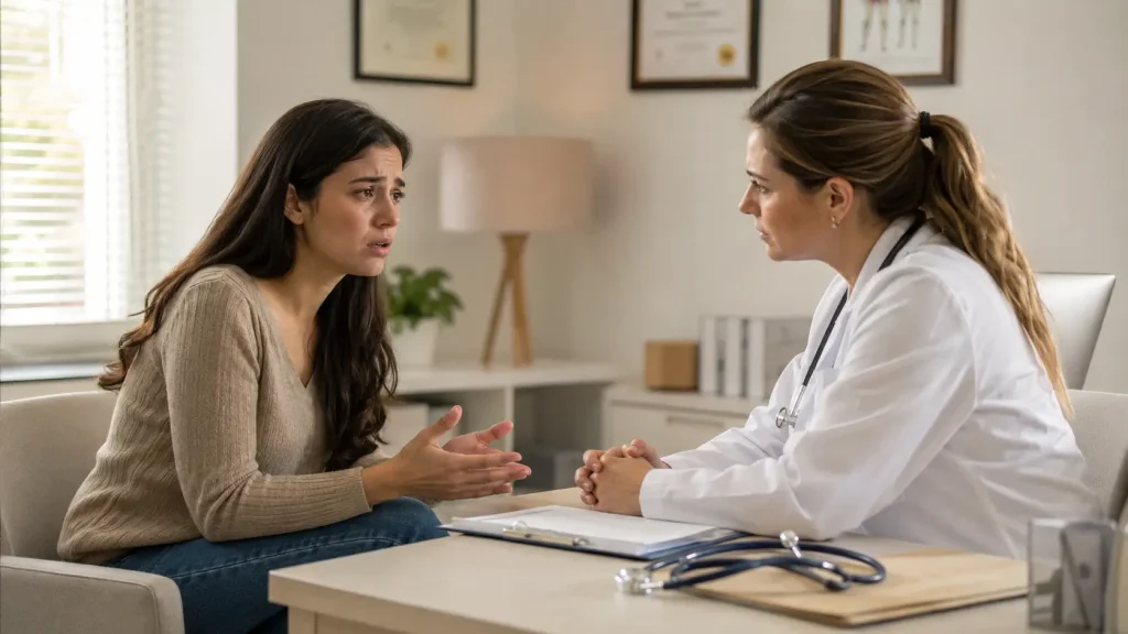Mujer hablando con una médica en una consulta cuando necesita ayuda profesional