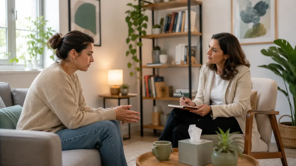 Mujer hablando con una profesional de salud mental en una consulta