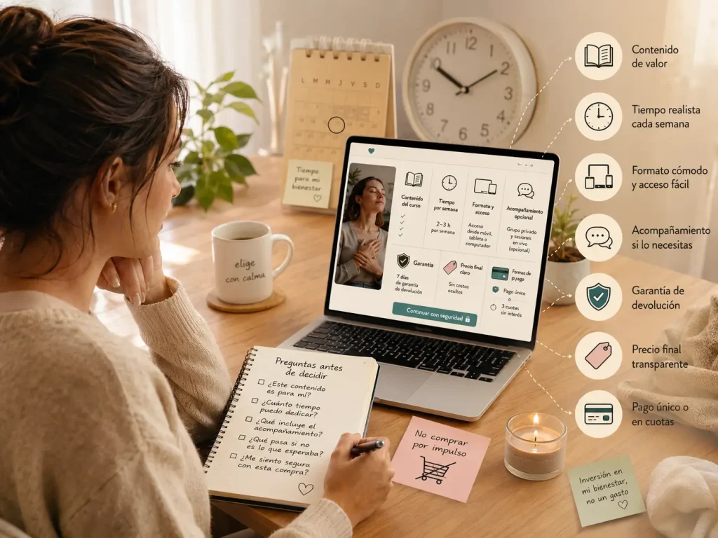 Cuánto cuesta un curso de autoestima y qué valorar además del precio Mujer valorando el precio, el contenido, el tiempo y la garantía antes de comprar un curso de autoestima