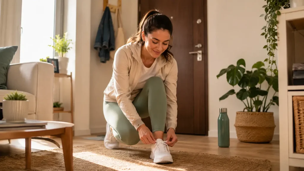 Mujer atándose las zapatillas para salir a caminar y cumplir un pequeño compromiso consigo misma