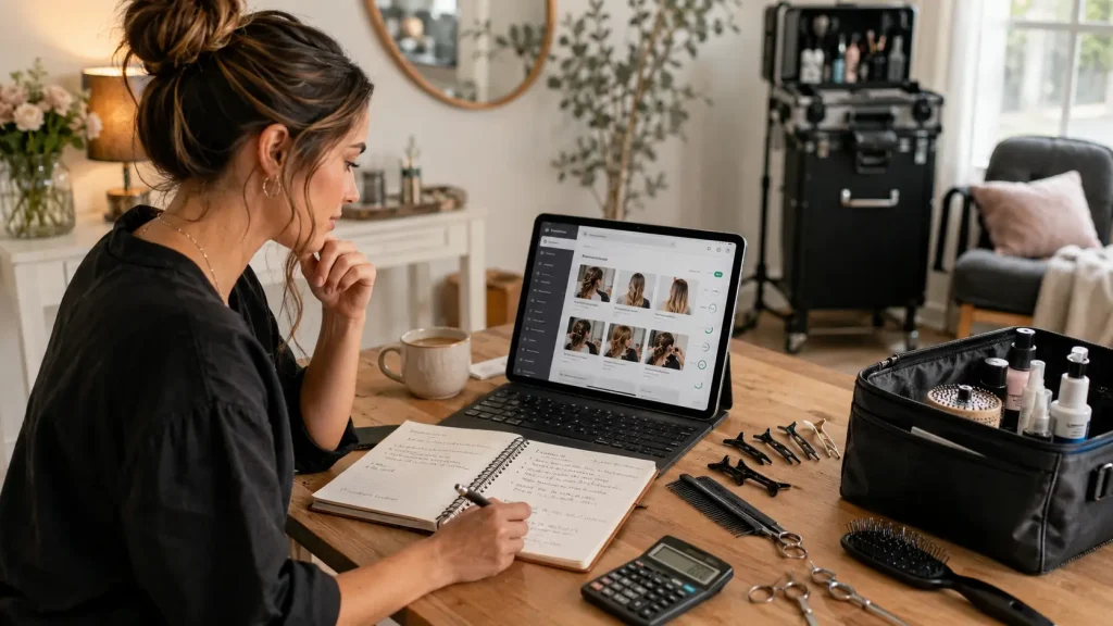 Cómo elegir un buen curso de peluquería a domicilio online Peluquera estudiando un curso de peluquería a domicilio online con material profesional, agenda y herramientas de trabajo.