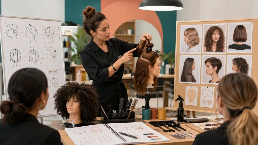 No busques solo peinados bonitos Formadora de peluquería explicando técnicas de peinado, tipos de cabello y adaptación del estilo a diferentes clientas.