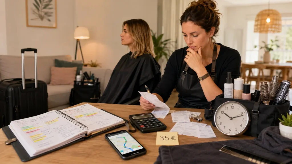 El error de llenar agenda sin mirar los números Peluquera a domicilio revisando gastos, tiempo y desplazamientos mientras organiza un servicio en casa de una clienta.
