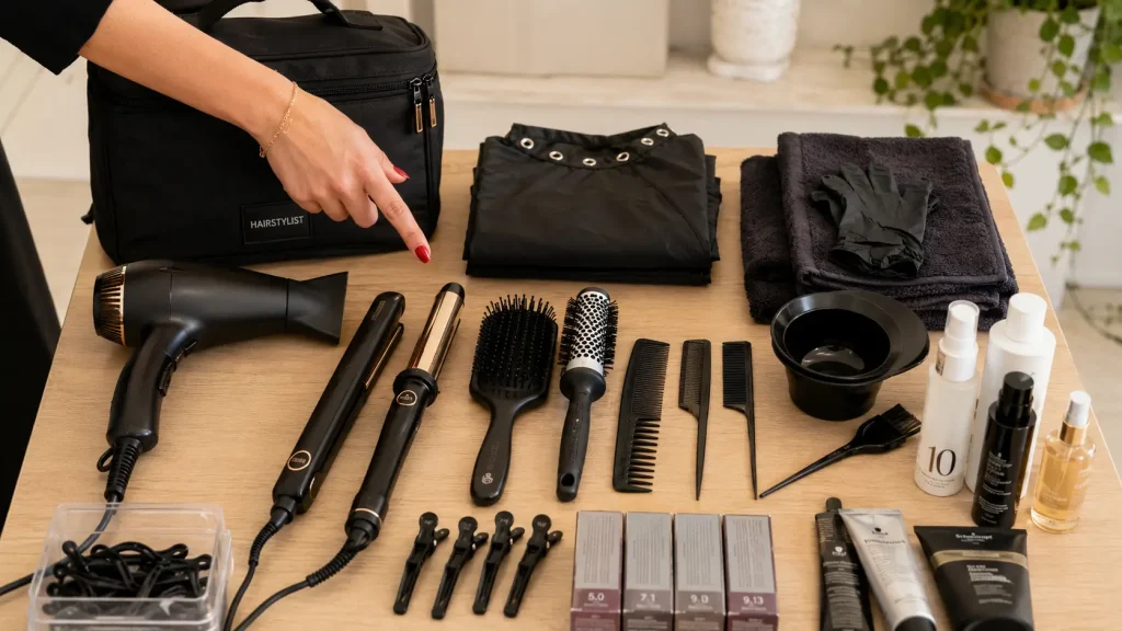 Kit de peluquería a domicilio con herramientas organizadas y una mano femenina señalándolas