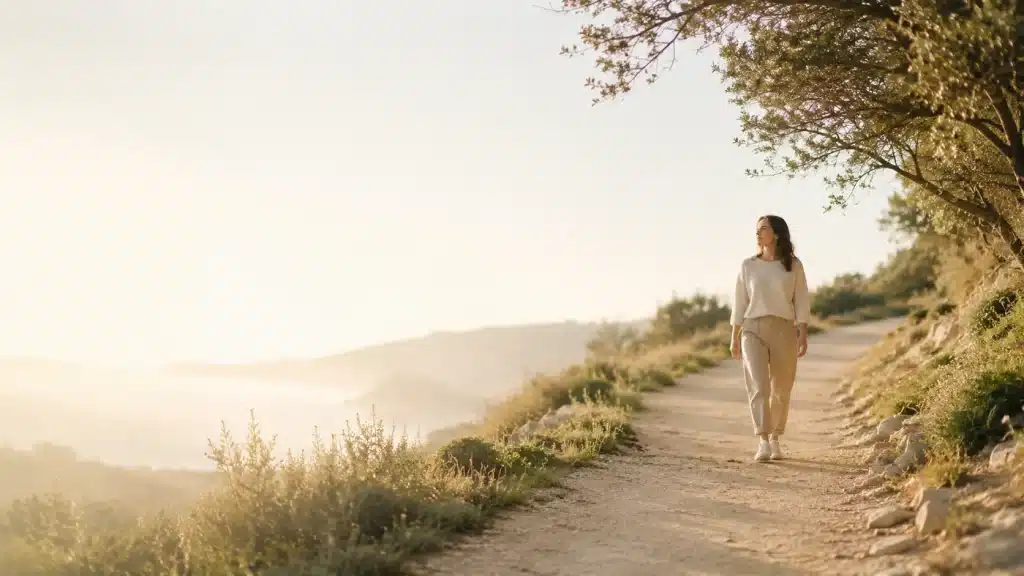 Mujer caminando por un sendero como símbolo de mejorar la autoestima poco a poco