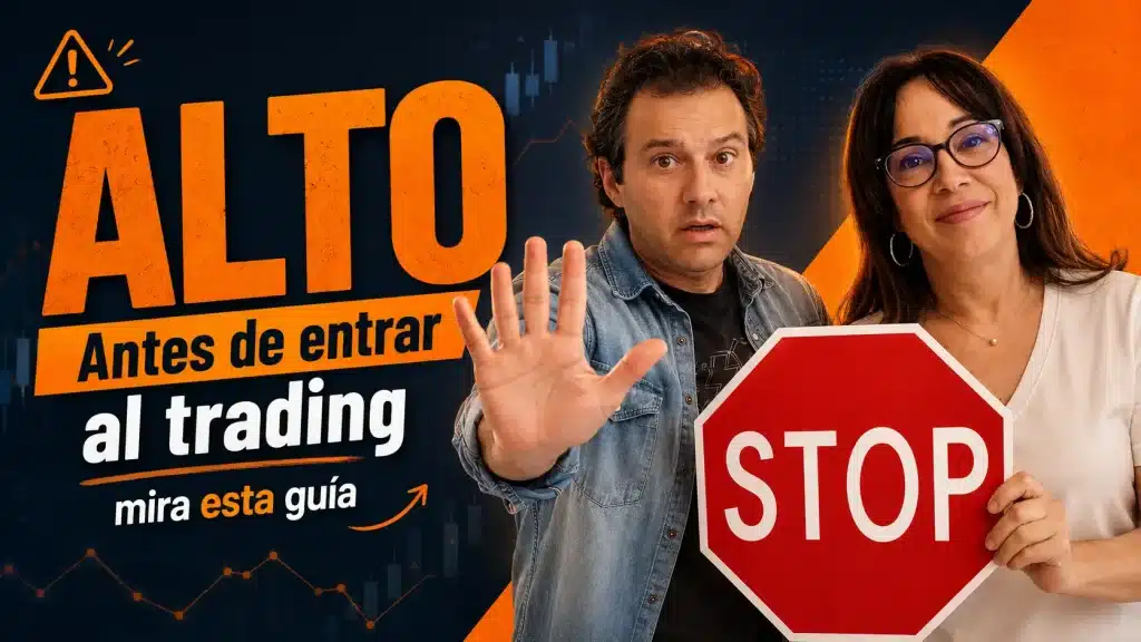 Miniatura de guía práctica de trading con Jacob y Raquel, gesto de precaución y señal de STOP.