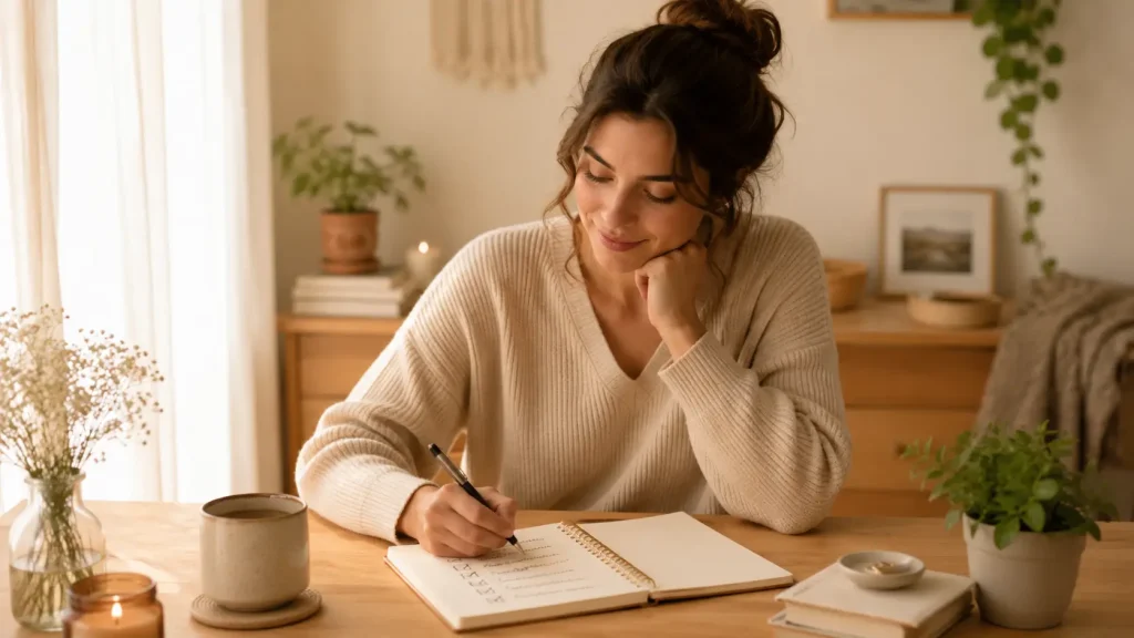 Mujer escribiendo pequeños compromisos para mejorar su autoestima