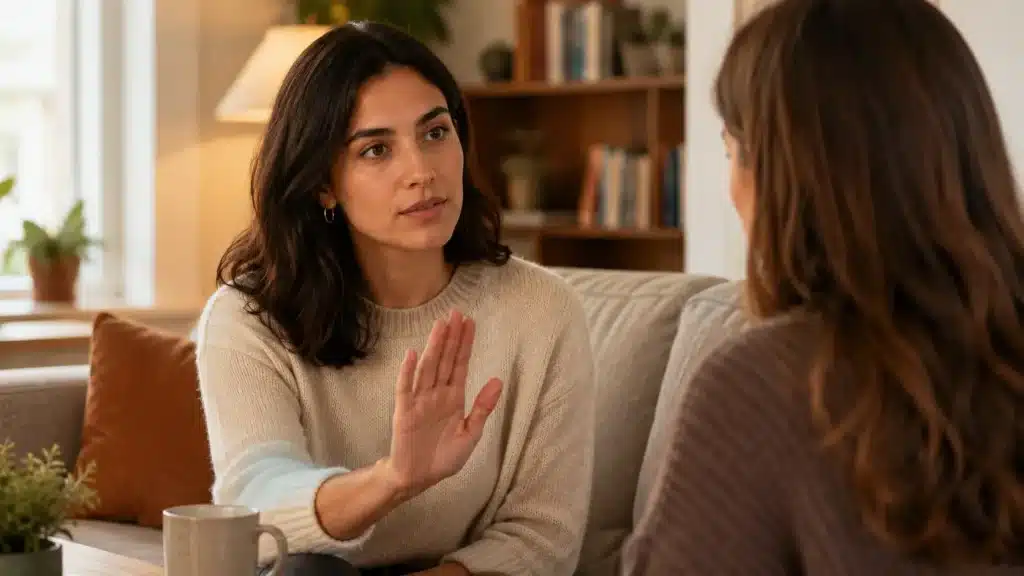 Mujer expresando una negativa con calma para poner límites sin culpa