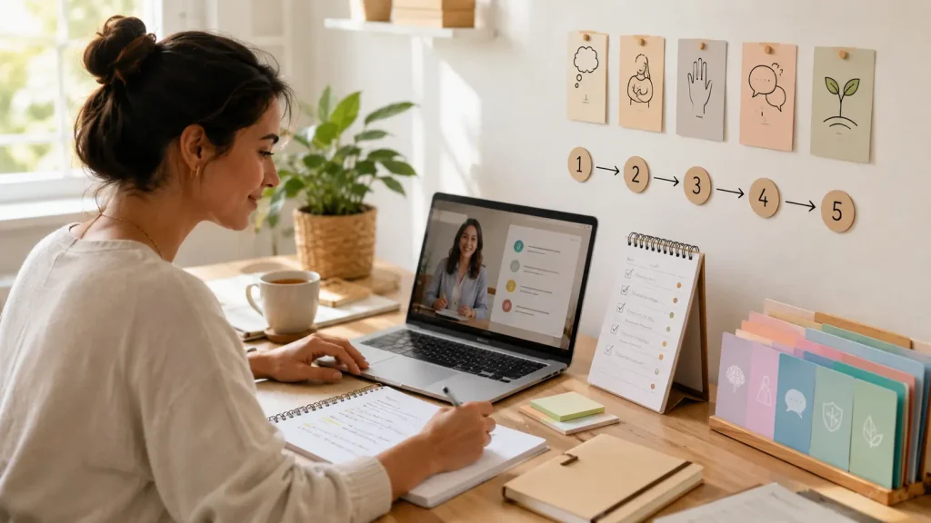 Qué puede ofrecerte un curso para mejorar la autoestima Mujer siguiendo un curso online de autoestima con ejercicios y un recorrido organizado