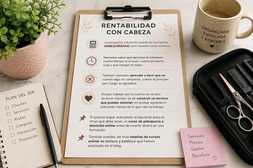 Rentabilidad con cabeza en peluquería a domicilio Documento sobre rentabilidad en peluquería a domicilio con agenda, herramientas de peluquería y notas de planificación.