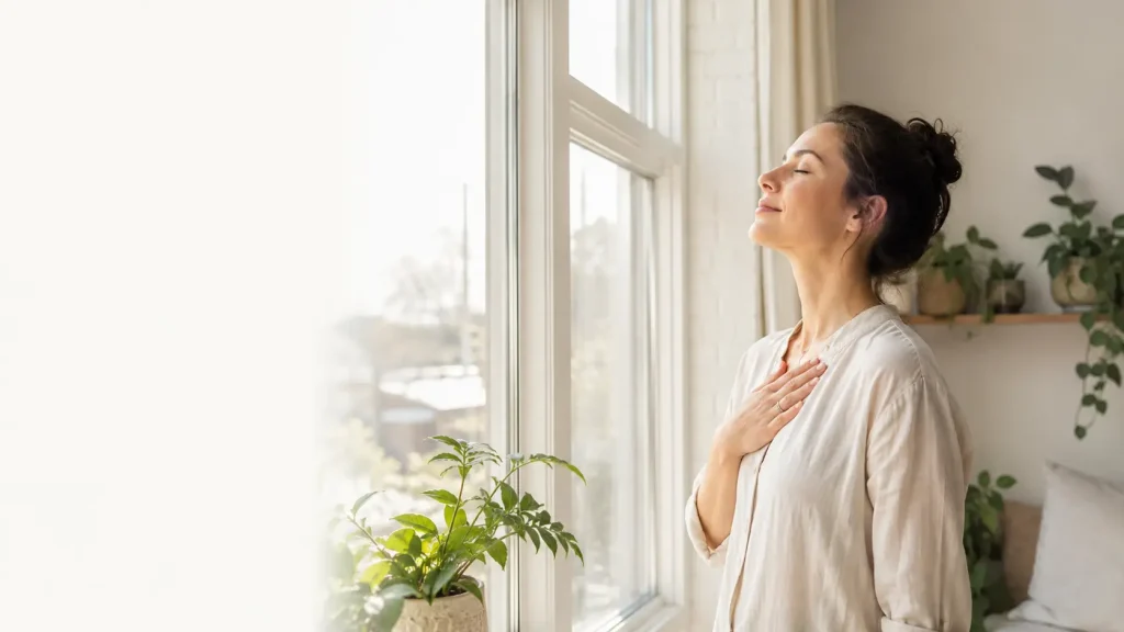 Mujer respirando junto a una ventana como ejercicio para mejorar la autoestima